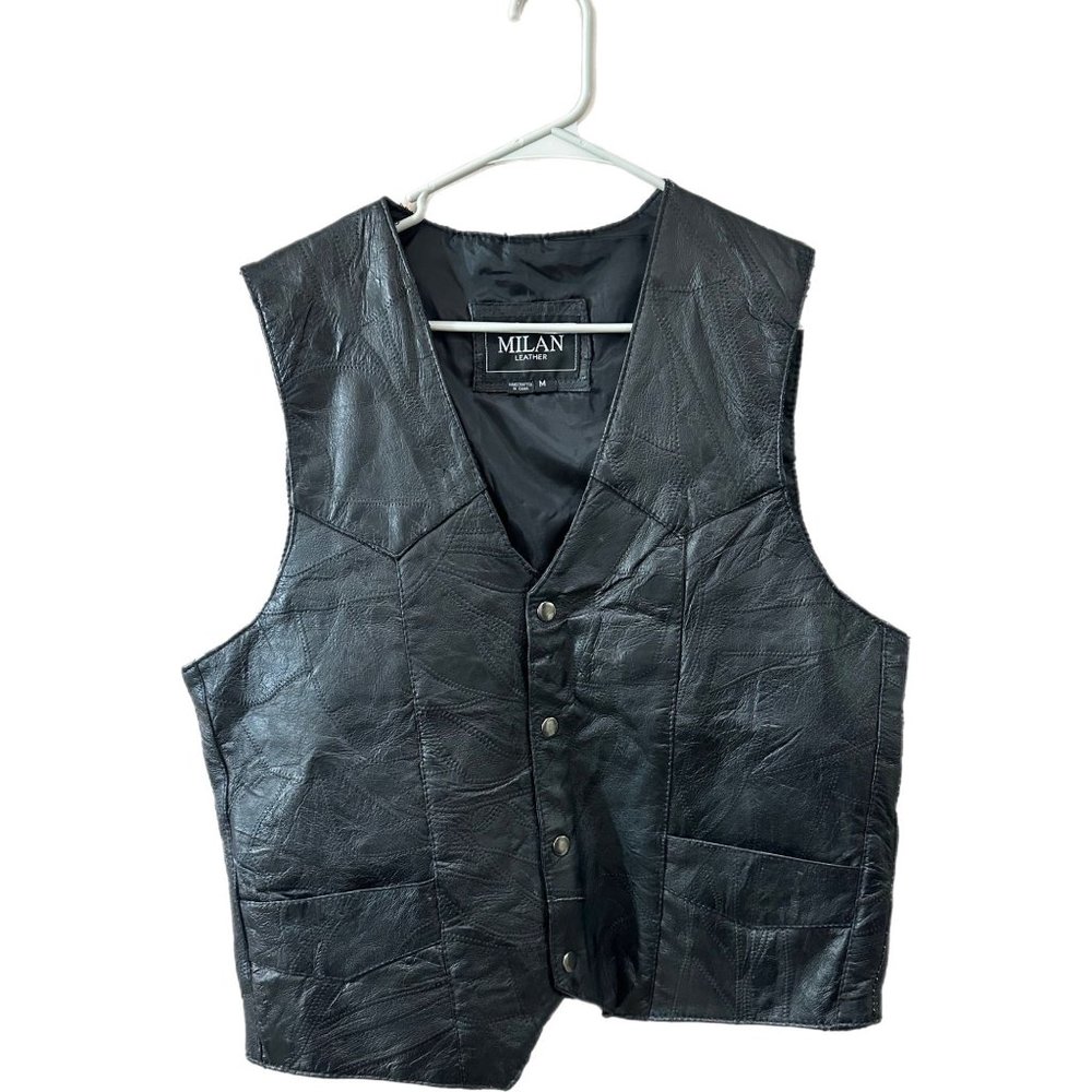 Milan Leather Men’s Size Medium Vest Black Patchwork Snap-Up Vintage Biker